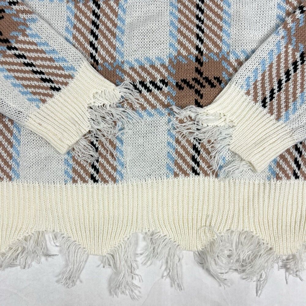 NEW Just Polly Junior Plaid Distressed V-Neck Fringe Boxy Pullover Sweater Large - Picture 6 of 10